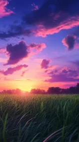 Radiant sunset over dewy meadow beneath magenta clouds.