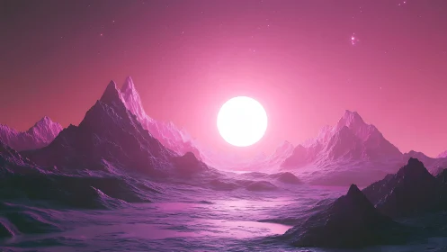 Radiant alien sunrise bathes dreamy violet mountains in light