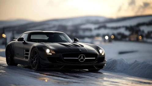 Black sports coupe is parked on an icy road at dusk