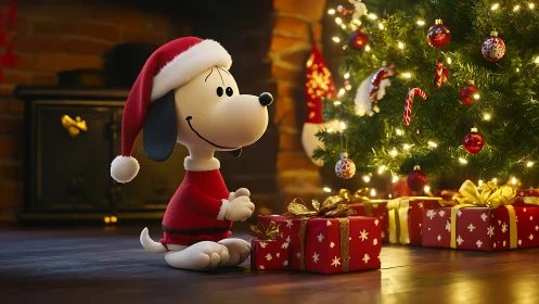 Cartoon beagle in Santa outfit admires luminous Christmas gifts