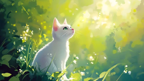 White kitten pauses in a sunlit forest clearing, glowing softly