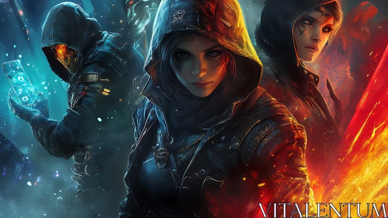 Trio of hooded cyber rogues framed by dual-color energy fields