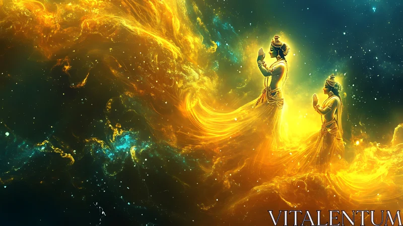 Celestial deities emerging through luminous astral nebula.