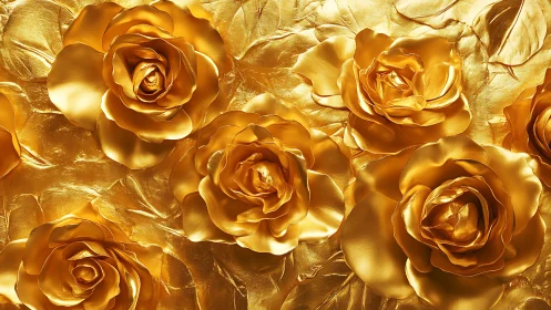 Liquid Gold Roses Dance in Luminous Metallic Splendor.
