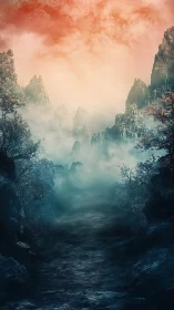 Mist-drowned canyon under ember skies and whispering cliffs.