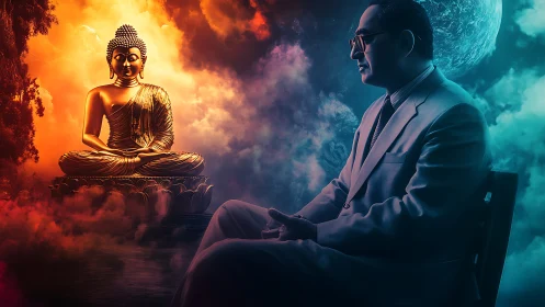 Digital surreal portrait uniting meditating man and Buddha.