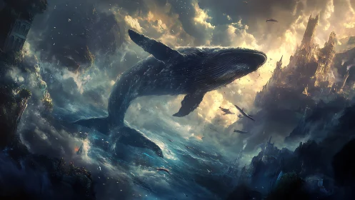 Colossal whale ascends through storm-lit oceanic citadels.