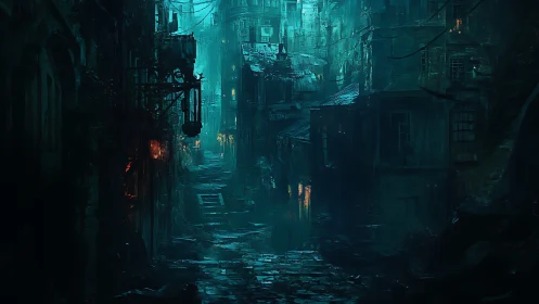 Rain-soaked cyberpunk alley glows with teal neon haze.
