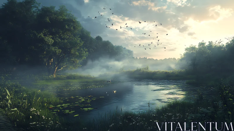 Gentle dawn mist drifting over a quiet forest river.