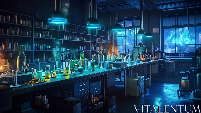 Futuristic chemistry laboratory with glowing glassware at night.