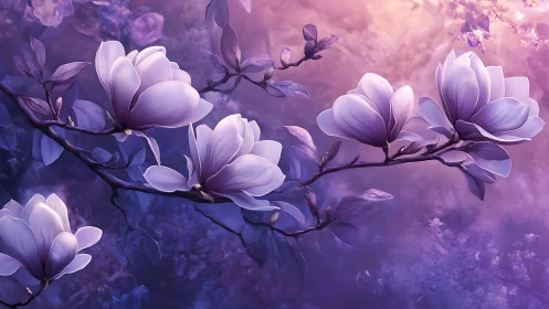 Purple magnolia blossoms bloom across dreamlike clouds.