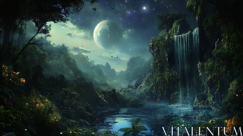 Nocturnal forest landscape with waterfall and distant moon.