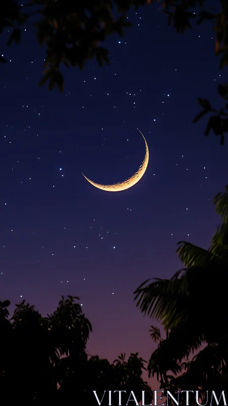 Crescent moon over twilight trees and starry night sky.