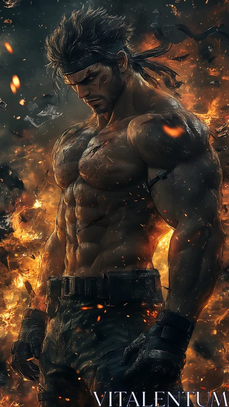 Battle hardened warrior amid burning embers and smoke.