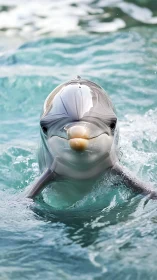Curious dolphin pops up playfully from sparkling blue water