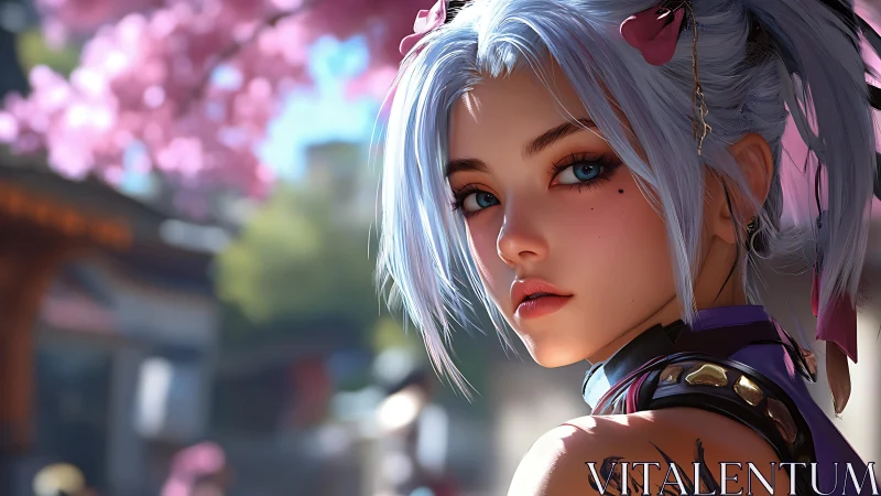 Silver-haired warrior under soft sakura bokeh light.