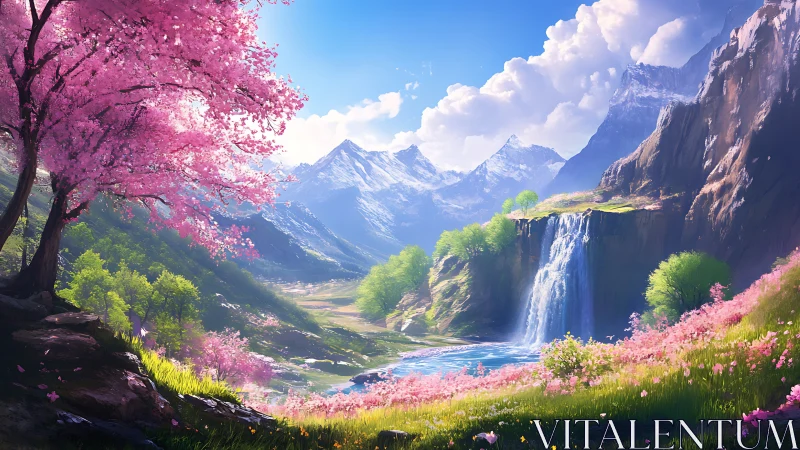 Blossoms lean toward a crystal waterfall in bright alpine hush