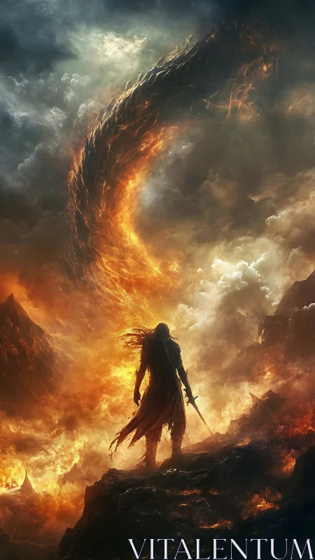 Blademancer beneath the burning sky serpent’s spiral storm.