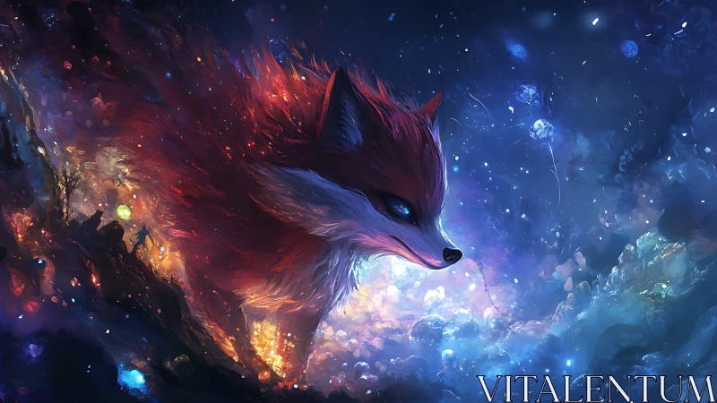 Starlit ember fox roaming a cosmic dreamscape horizon.