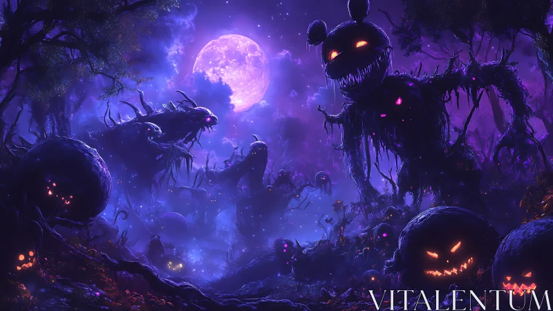 Moonlit nightmare pumpkin horde in haunted violet forest.