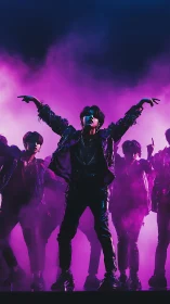 Neon-lit boy band silhouette ignites stage in purple haze.