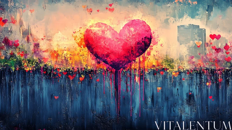 Heart Ablaze: Love's Fiery Cascade Over Urban Depths.