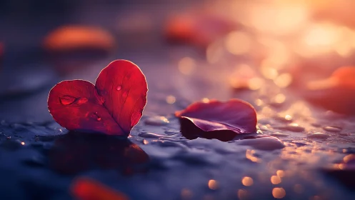 Red Petals on Reflective Surface with Warm Sunset Bokeh.
