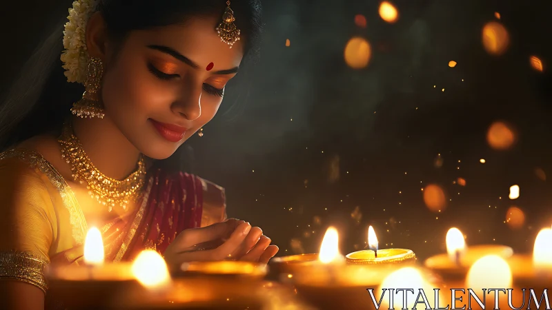 Elegant Indian woman celebrating Diwali with oil lamps, warm festive glow.