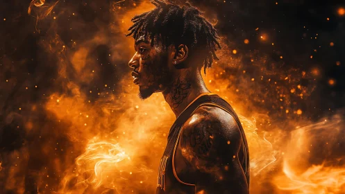 Digital painting profile of athlete in fiery aurora field.