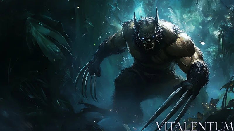 Ferocious clawed mutant lunging through bioluminescent jungle