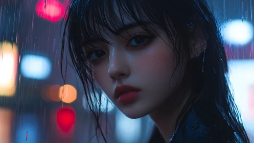 Rainlit city gaze with neon-soaked quiet emotion.