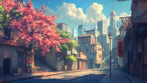 Sunlit cherry blossoms soften a quiet futuristic city street
