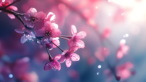 Pink blossoms on branch with soft focus background