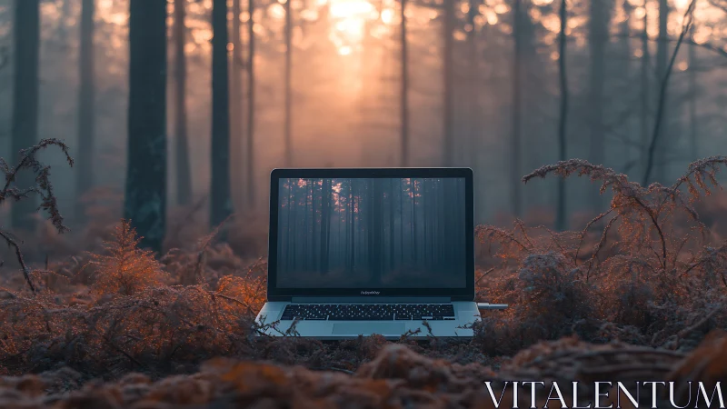 Laptop integrates with misty forest at warm sunrise.