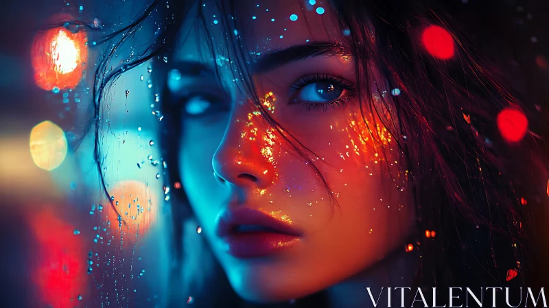 Moody neon portrait of woman behind rain streaked glass.