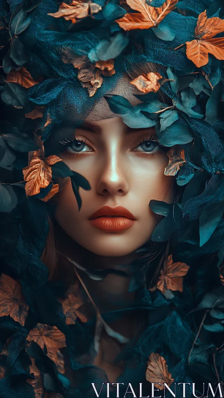 Mystical forest muse emerges through teal leaves and ember gold