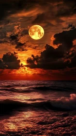 Luminous full moon over scarlet ocean at dramatic dusk.