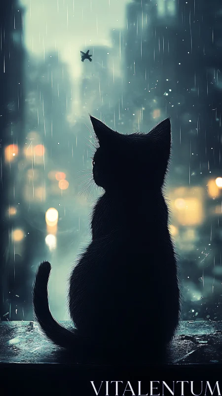 Silhouetted Cat Watches Rain in Neon-Lit Urban Night.