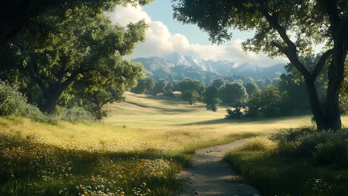 Sunlit meadow path leading toward distant snowy mountains.