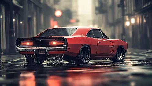 Red muscle car on wet city street at night in rain.