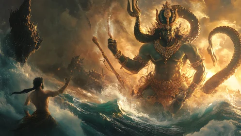 Sea god of serpents rises blazing from storm-split horizons