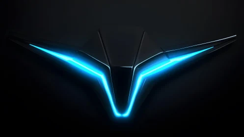 Futuristic black emblem with blue neon lighting on dark background.