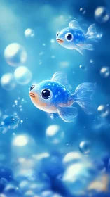 Koi-inspired blue fry with bokeh bubbles in soft aquatic light