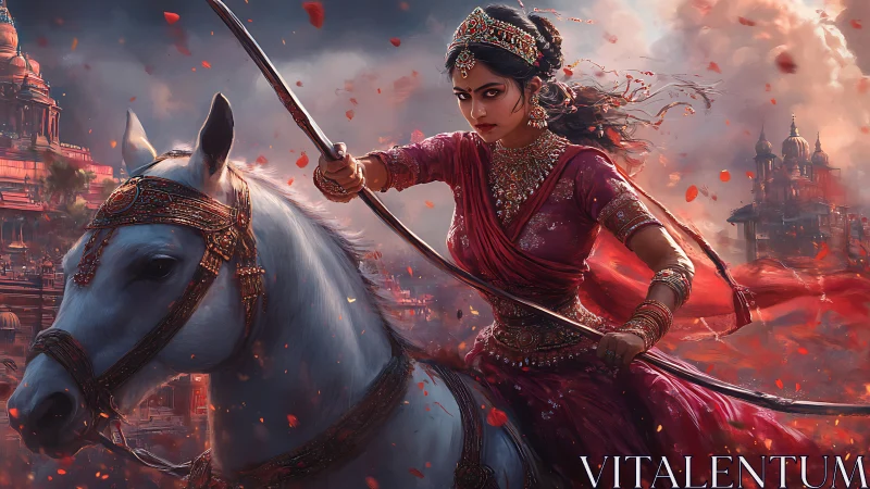 Warrior queen riding through embers above crimson citadel.