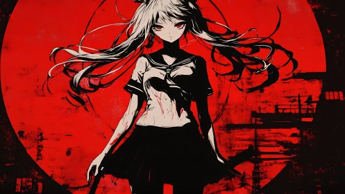 High-contrast anime girl silhouette against distressed red sun backdrop