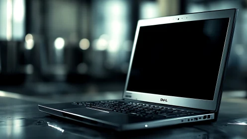 Slim silver business laptop on reflective office desk surface