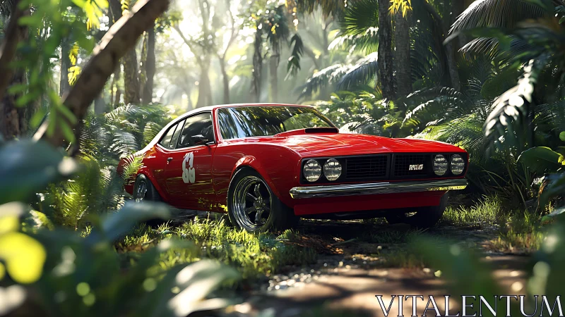 Red vintage rally car parked in lush jungle clearing.