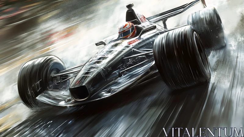 Chrome formula racer cutting through wet track spray.