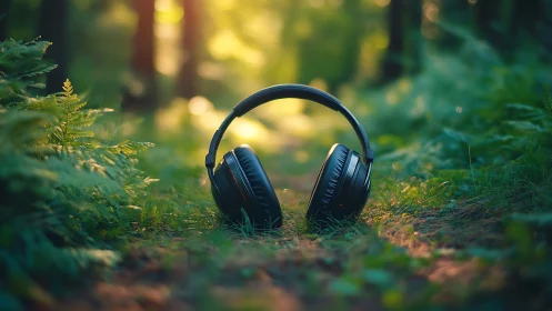 Photorealistic headphones on forest path with shallow depth of field.