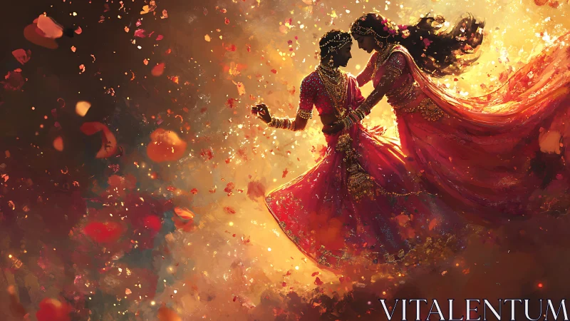 Rosefire waltz of radiant lovers in swirling petalscape.